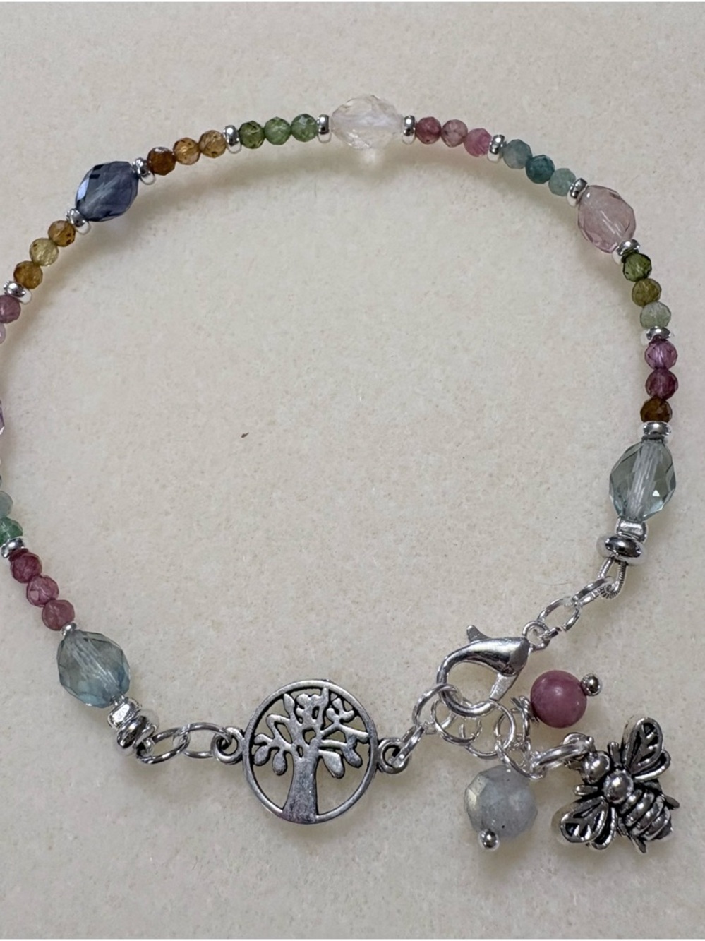 Multicolor tourmaline Beaded Women's Bracelet with Tree of Life and Bee Charms